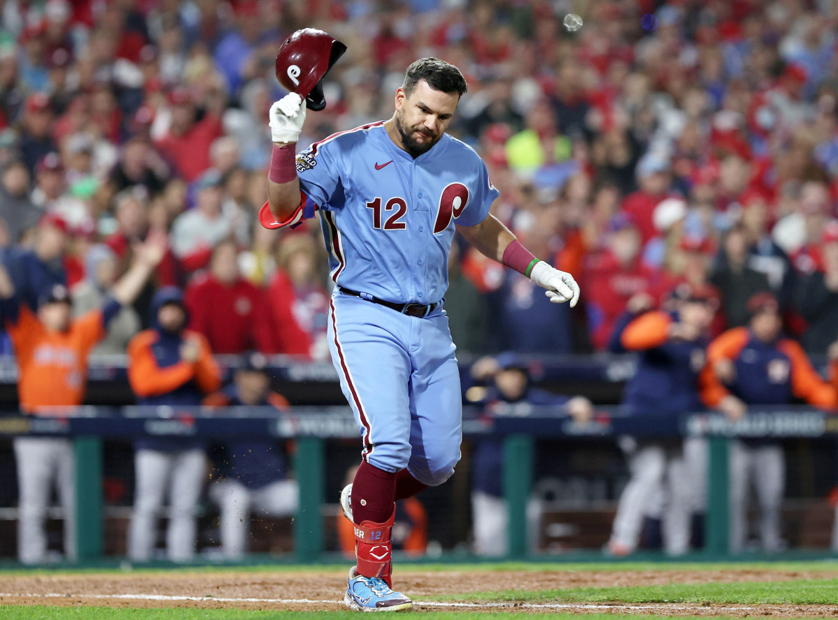 Phillies left fielder Kyle Schwarber slams his helmet after Astros first baseman Trey Mancini robs him of a game-tying hit.